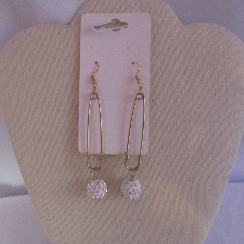Pin Hook Earrings White Pave Balls GOLDTONE Free Gift Box